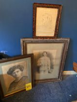 Photo of soldier and 2 pencil portraits