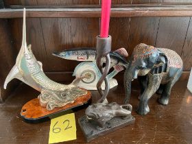 Fish clock, ornamental, wood elephant and lion candlestick 11Inches height