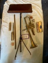 Mouth organs, music stand, pitch pipes, trumpet, penny whistle