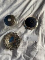 Silver and gilt Birmingham 1924 hair tidy, silver sweetmeat dish and silver hatpin stand