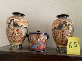 Satsuma biscuit barrel and 2 vases 10 inches height