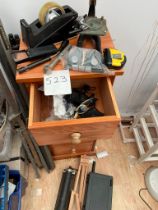 Wooden 4 drawer cabinet with optical tools, easels, roller, tool box etc