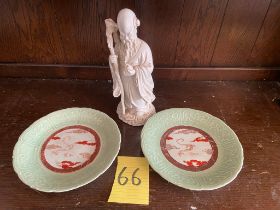 2 oriental plates and Blanc de chine figure height 12inches