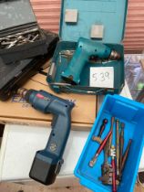 2 cordless hand drills, bits, glass cutter and easel stands