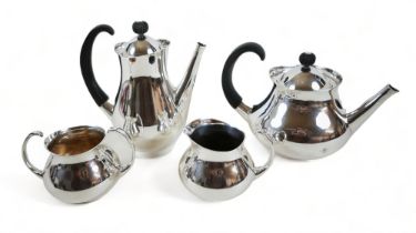Eric Clements designed Mappin & Webb silver plated tea set, comprising a tea pot, 15cm high,