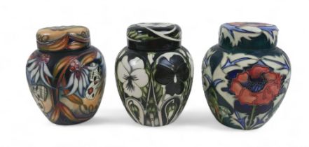 Three Moorcroft ginger jars and covers, one with Rachel Bishop design poppy flower, stamped to