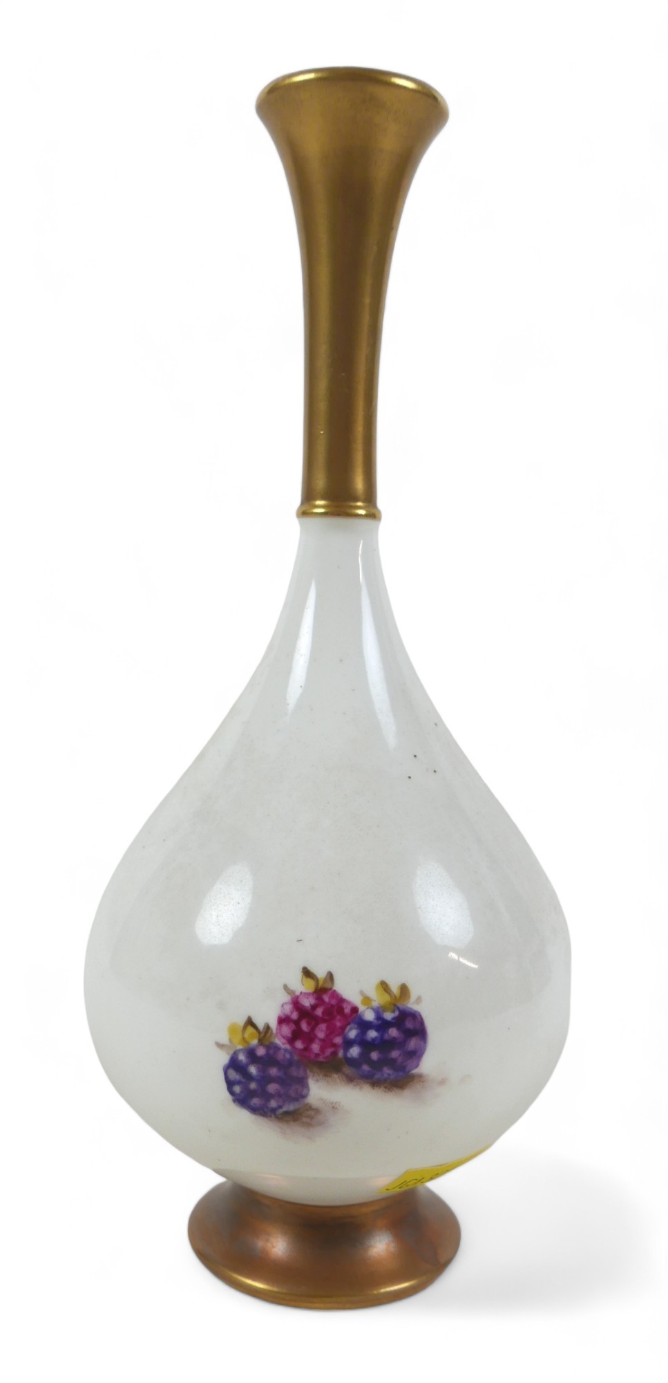 A Royal Worcester bone china single stem vase with fruit decoration by Freeman, 9cm by 20cm tall. - Image 4 of 7