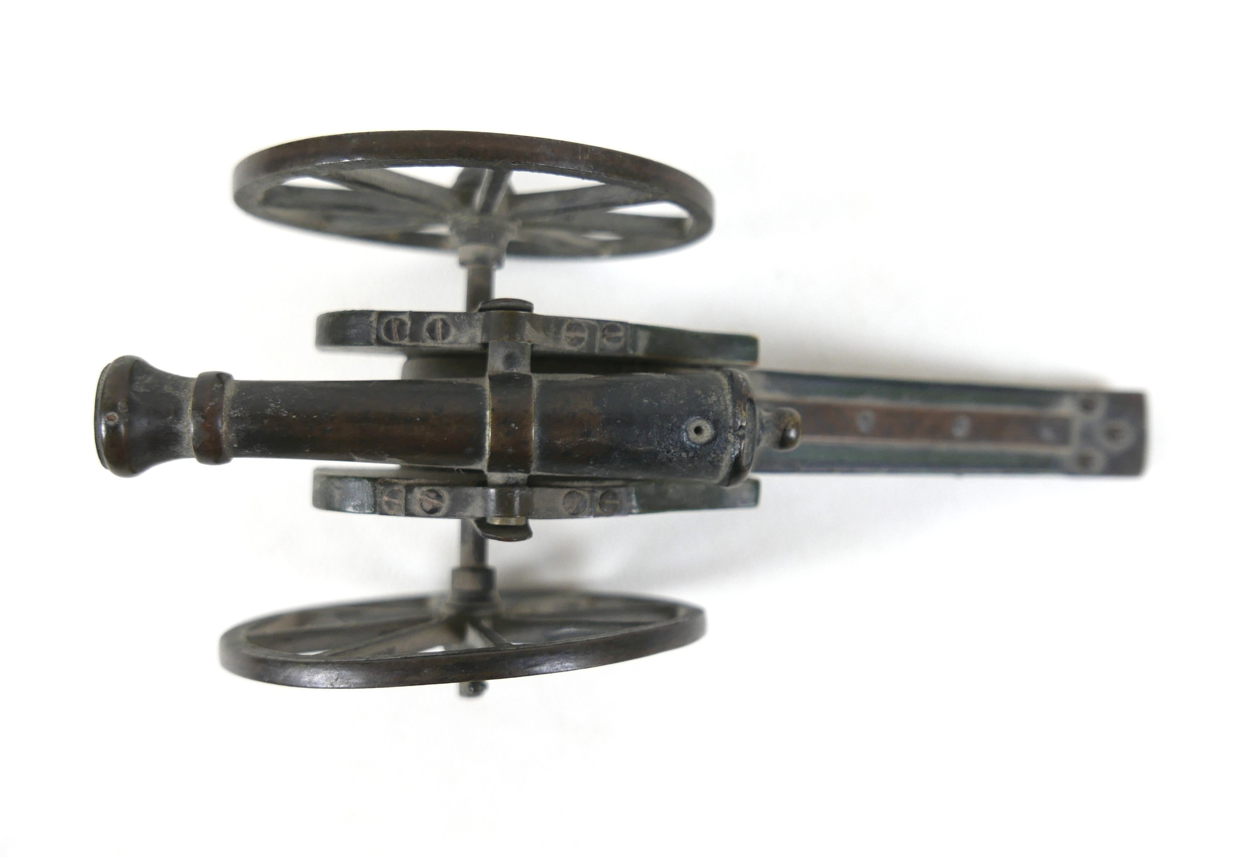 A miniature bronze canon, probably French 19th century, on wooden carriage with cast metal wheels, - Image 9 of 12