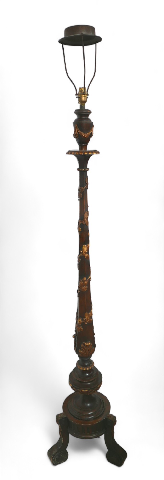 A Walnut standard lamp with gilt acanthus and vine carved gilt decoration.30cm by 30cm by 170cm