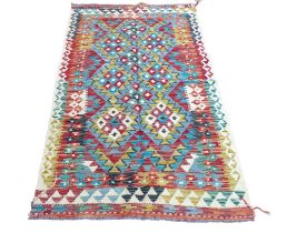 Multicoloured geometric 100% hand knotted woollen carpet rug, 166 by 107cm.