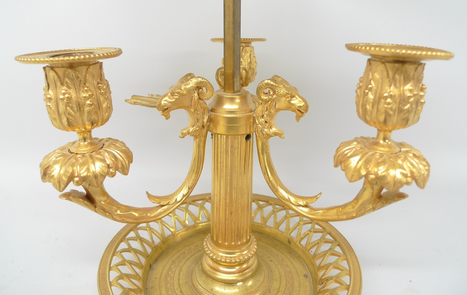 An early 20th century French ormolu bouillotte lamp, the three branches with rams head terminals - Image 19 of 22