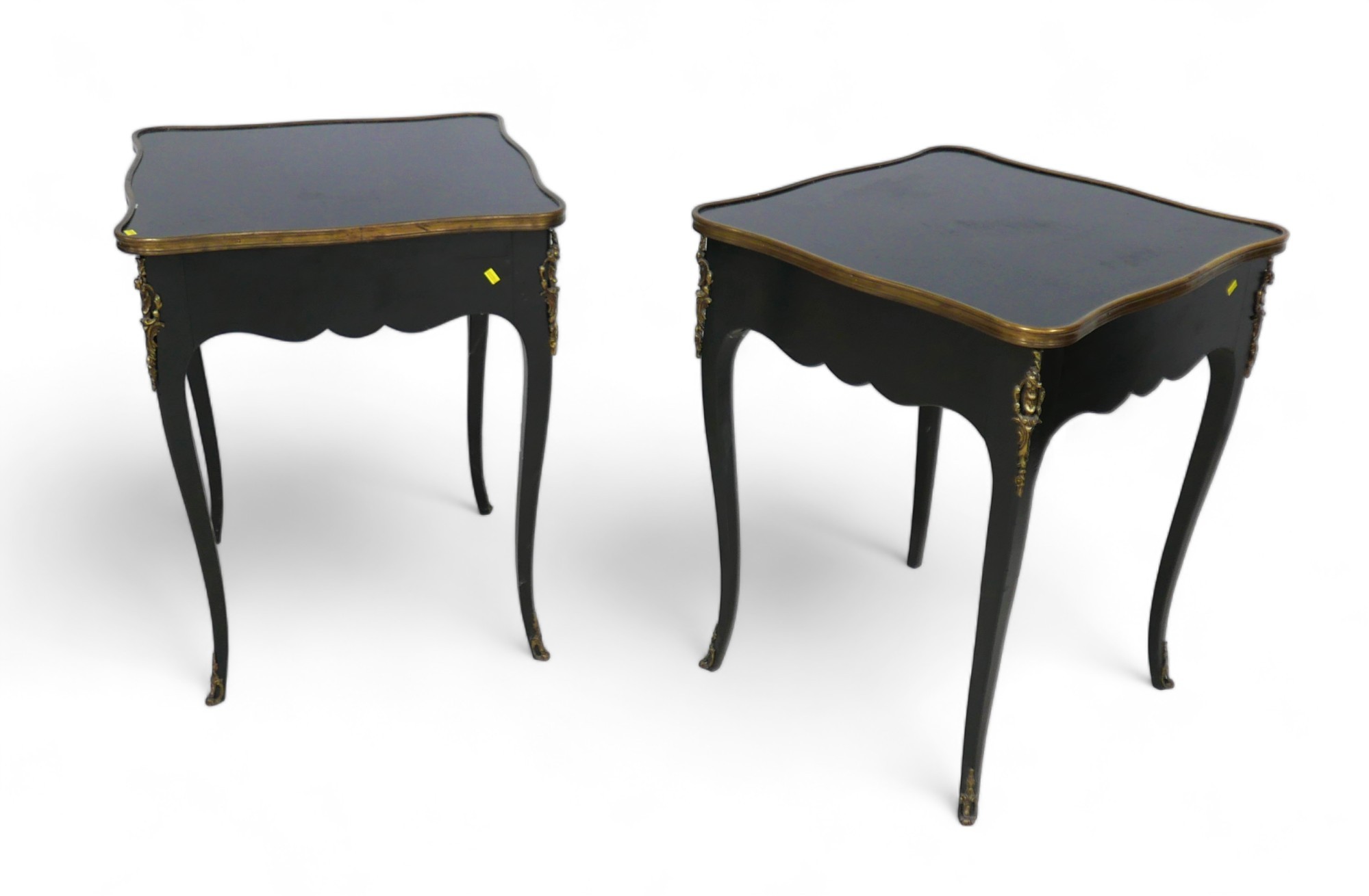 A pair of French, early 20th century ebonised side tables, the square surfaces with serpentine brass - Image 7 of 7