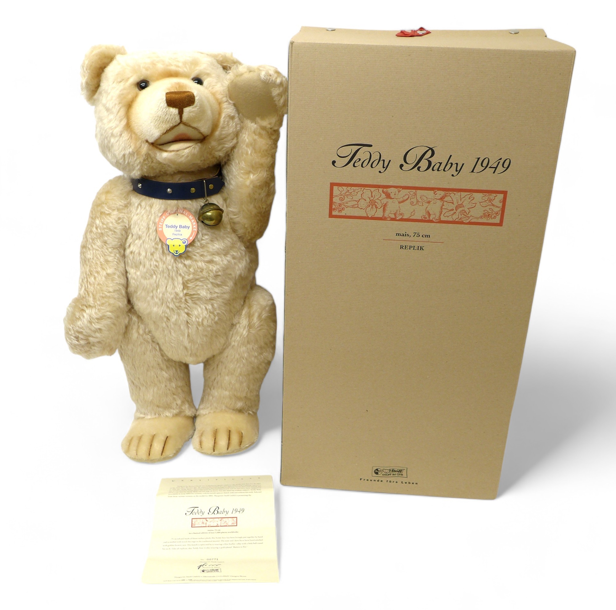 Steiff Teddy Baby 1949 replica, maize mohair posable five jointed bear standing 75cm tall, with open