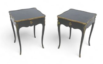 A pair of French, early 20th century ebonised side tables, the square surfaces with serpentine brass