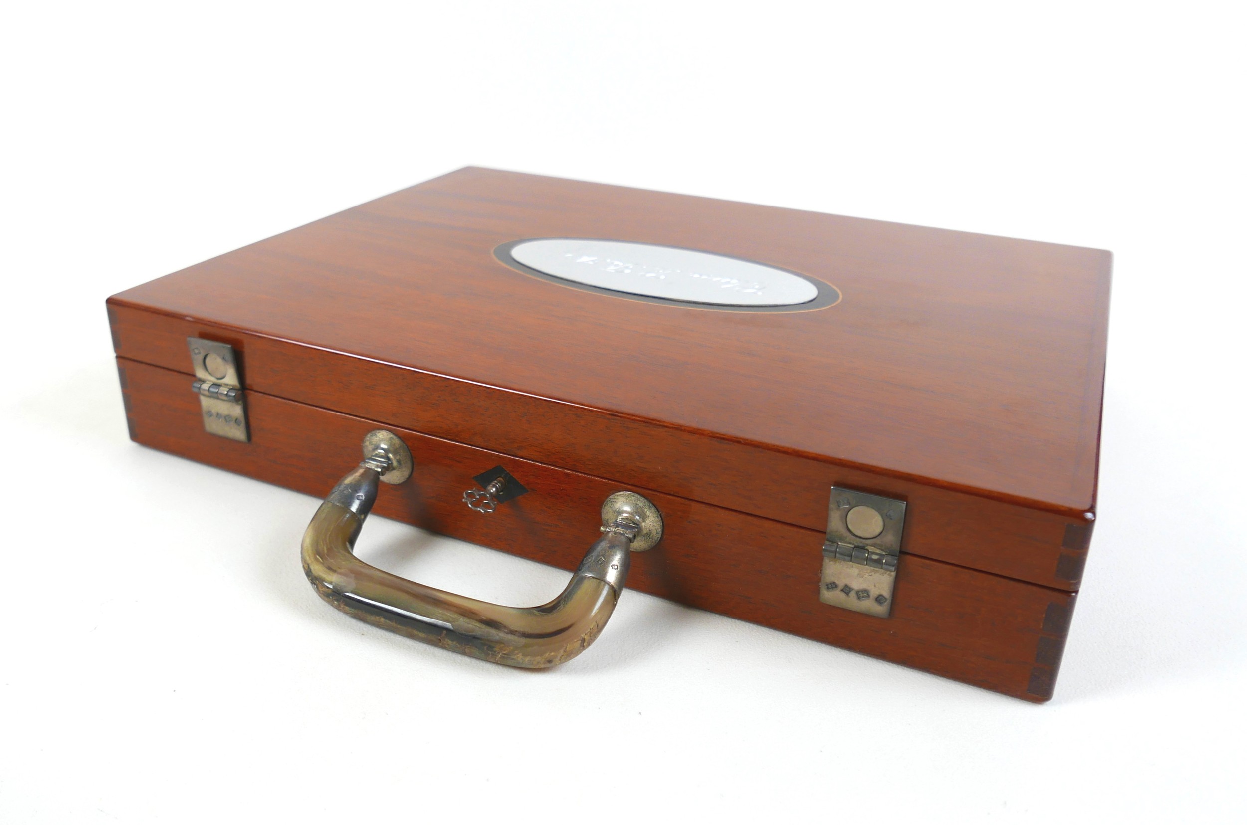 An unusual bespoke mahogany briefcase, silver mounted fittings, horn handle, oval plaque with - Image 4 of 16