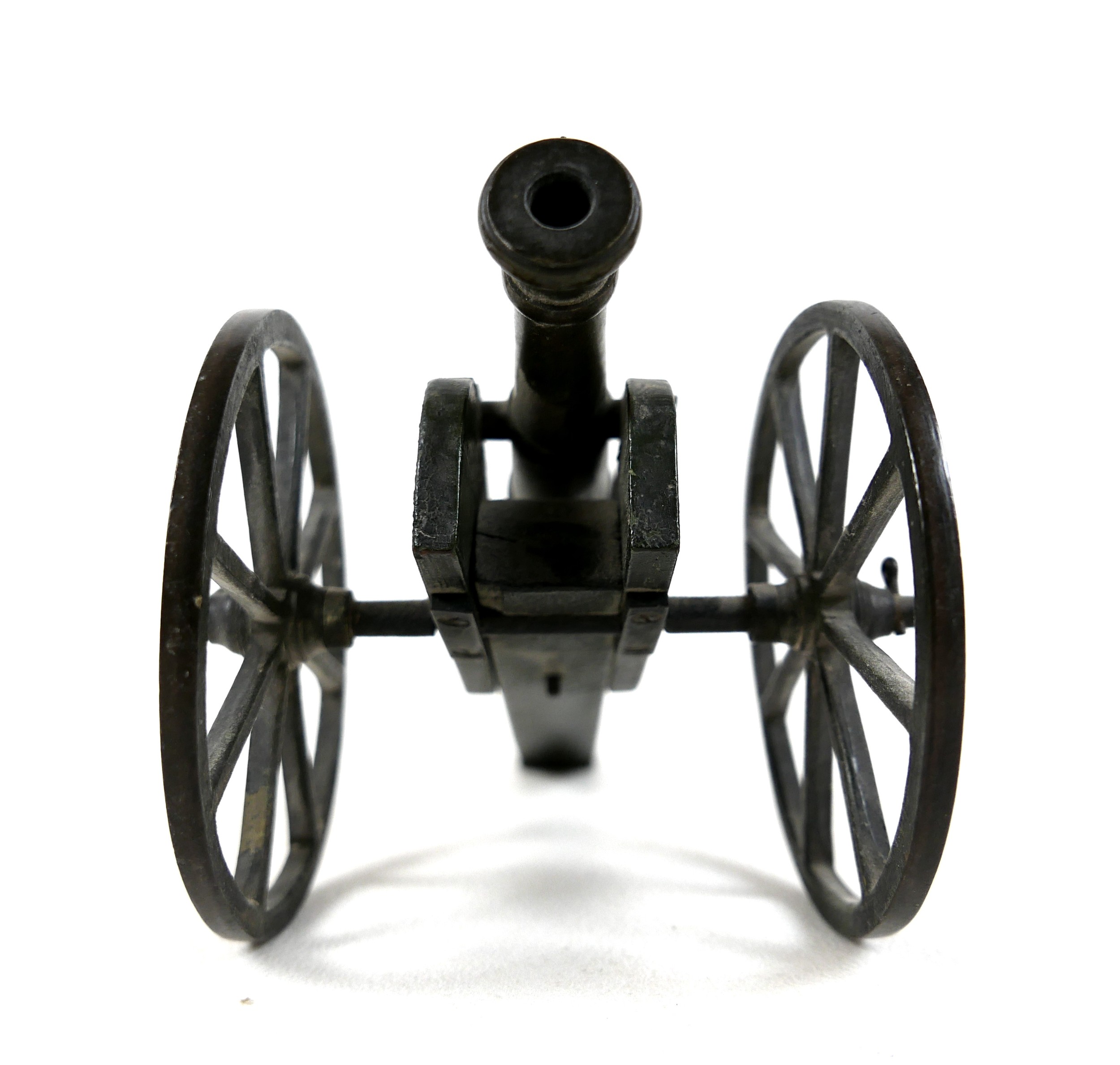 A miniature bronze canon, probably French 19th century, on wooden carriage with cast metal wheels, - Image 7 of 12