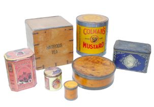 A group of early 20th century Colmans Mustard cylindrical box and other containers, together with