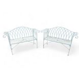 Two French grey/green painted metal garden benches with roll arms. (2)