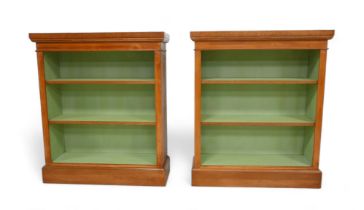 A pair new of burr oak open bookcases with painted interior and two adjustable shelves, 80cm by 30cm