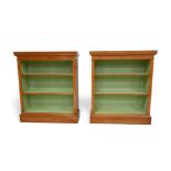 A pair new of burr oak open bookcases with painted interior and two adjustable shelves, 80cm by 30cm