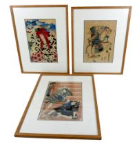 Three Japanese colour woodblock prints of warriors, Yukio style late 19th - early 20th century