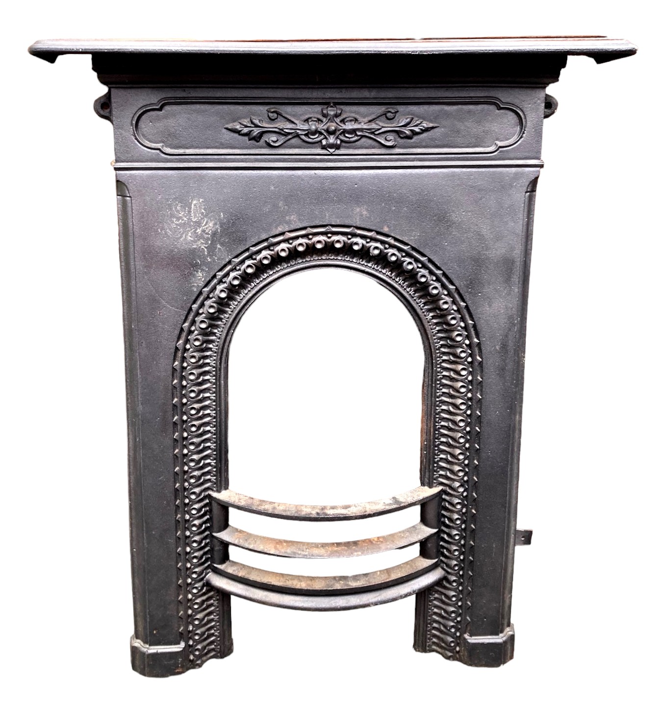 A Victorian black cast iron fire surround and grate, grate 28.5 by 20.5 by 11.5cm high, and guard 38