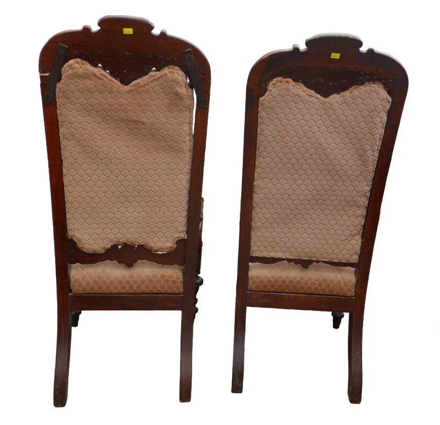 A pair of mid Victorian mahogany open arm chairs, with carved top rail, padded back and seat, - Image 6 of 7