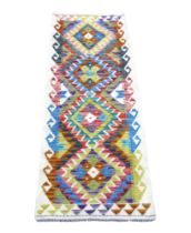 Multicolour geometric 100% hand knotted woollen carpet runner rug, 161 by 63.