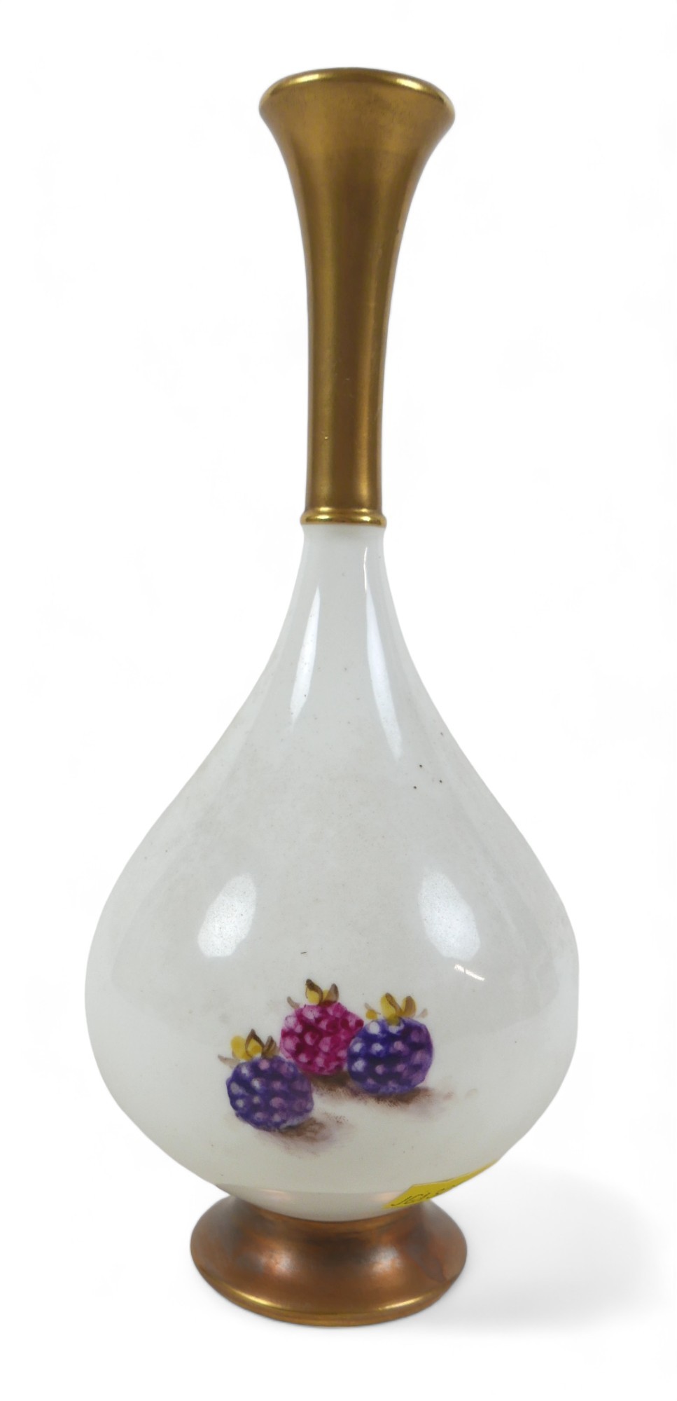 A Royal Worcester bone china single stem vase with fruit decoration by Freeman, 9cm by 20cm tall. - Image 5 of 7