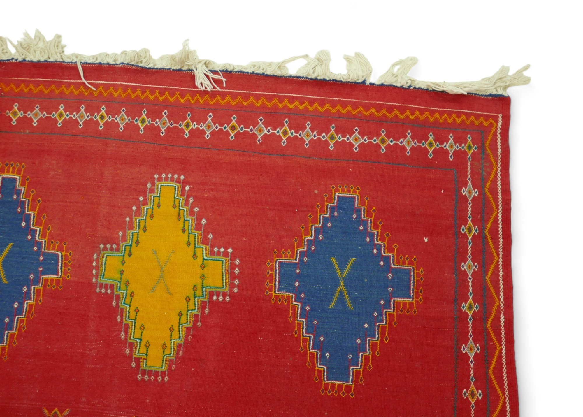 A Moroccan kilim rug, on red ground with traditional Berber symbols and blue and yellow - Image 5 of 5