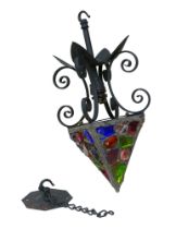 A Peter Marsh multi-coloured glass ceiling lantern, signed, with chain and fittings.