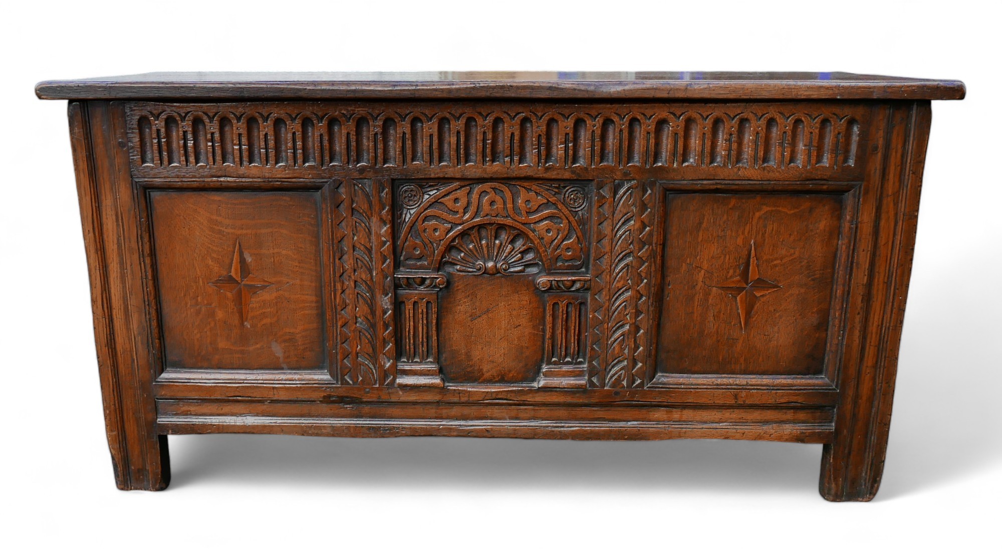 A mid 20th century stained oak chest, labelled 'Inglesants, Furnishers of Leicester', carved arch - Image 2 of 9