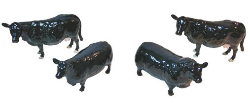 Four Beswick Aberdeen Angus cattle figurines, comprising a bull, 11cm high, and three cows,