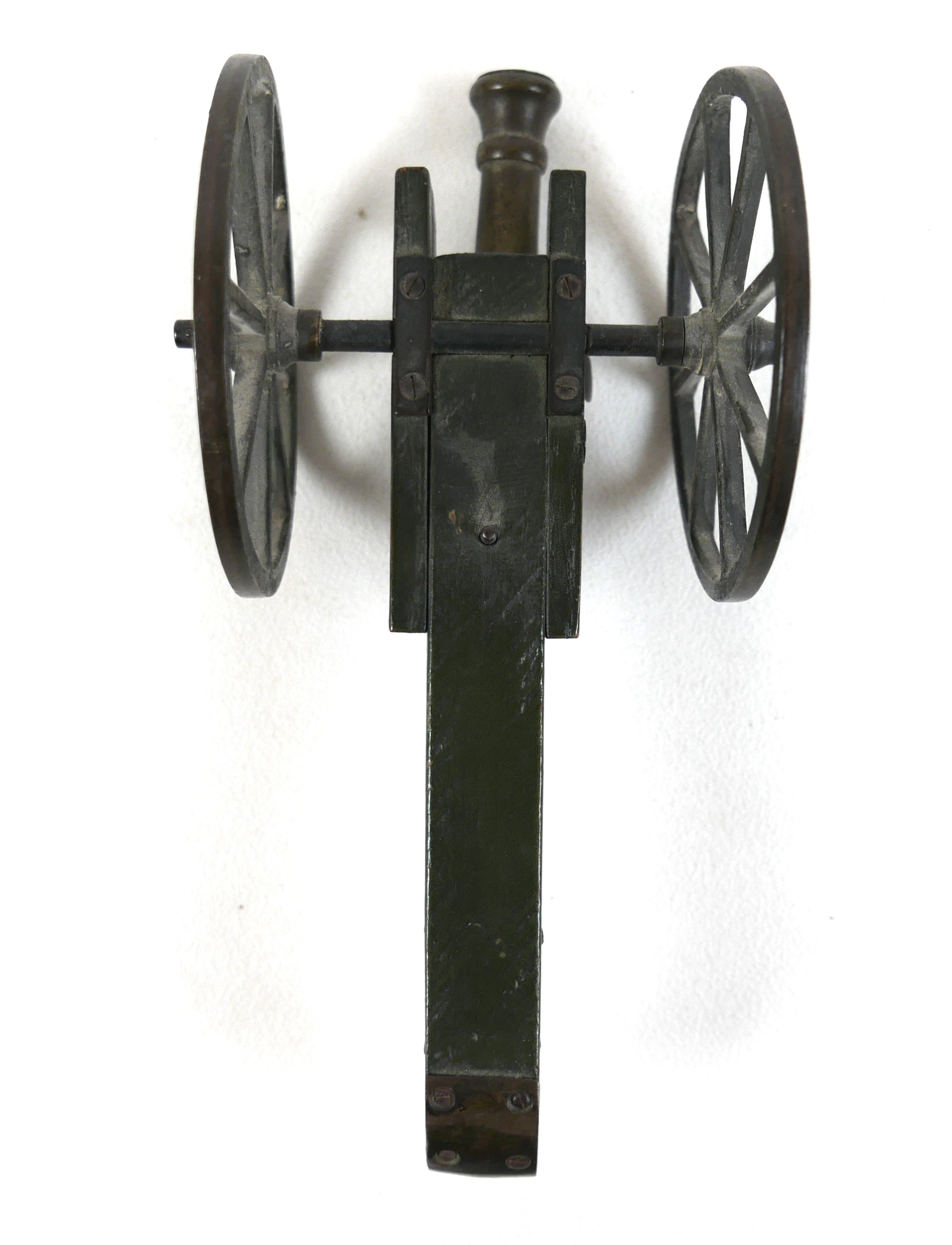 A miniature bronze canon, probably French 19th century, on wooden carriage with cast metal wheels, - Image 12 of 12