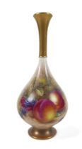A Royal Worcester bone china single stem vase with fruit decoration by Freeman, 9cm by 20cm tall.