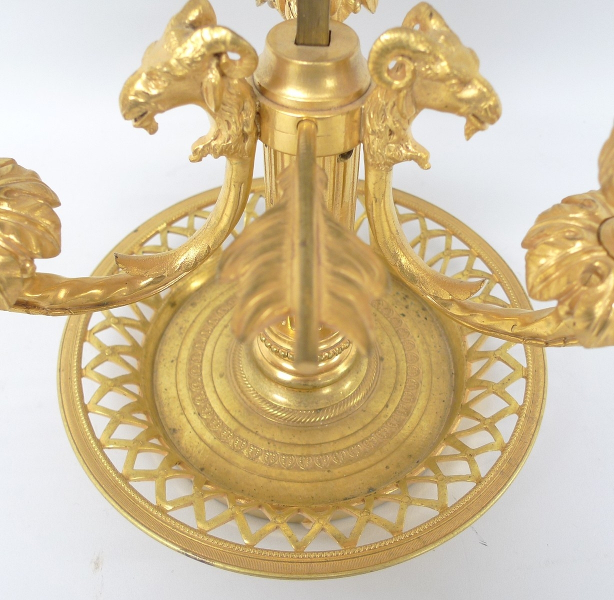 An early 20th century French ormolu bouillotte lamp, the three branches with rams head terminals - Image 5 of 22