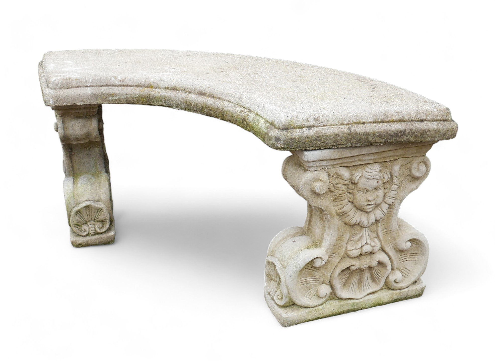 A cast concrete garden bench, with pedestal bases, 106 by 44 by 45cm high.