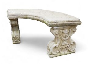 A cast concrete garden bench, with pedestal bases, 106 by 44 by 45cm high.