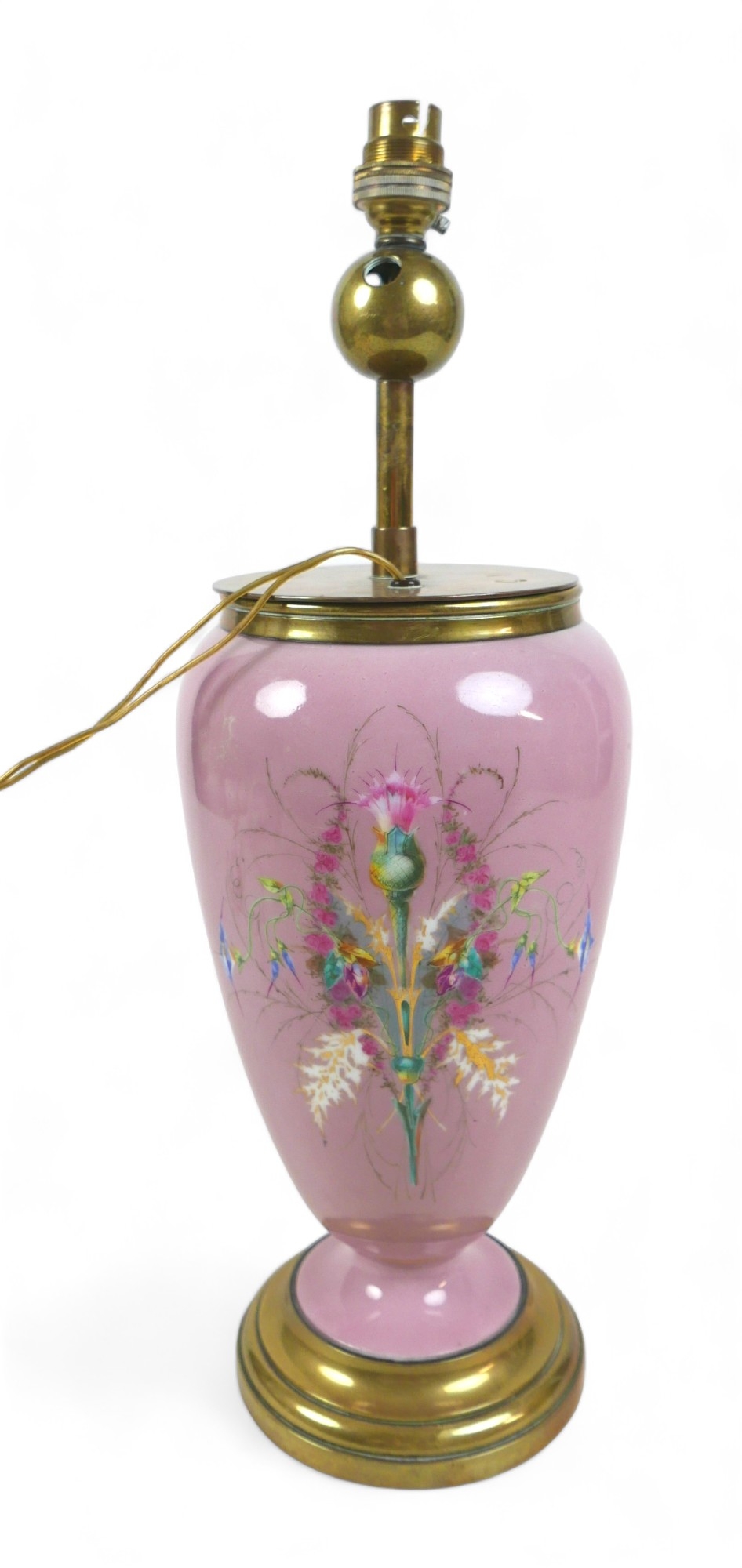 An early 20th century china table lamp, of vase form decorated with a floral spray against a pink - Image 3 of 7