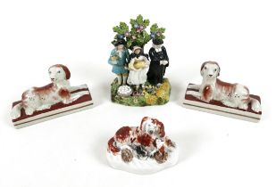 A group of Staffordshire ceramics, including 19th century Staffordshire pearlware figure group '