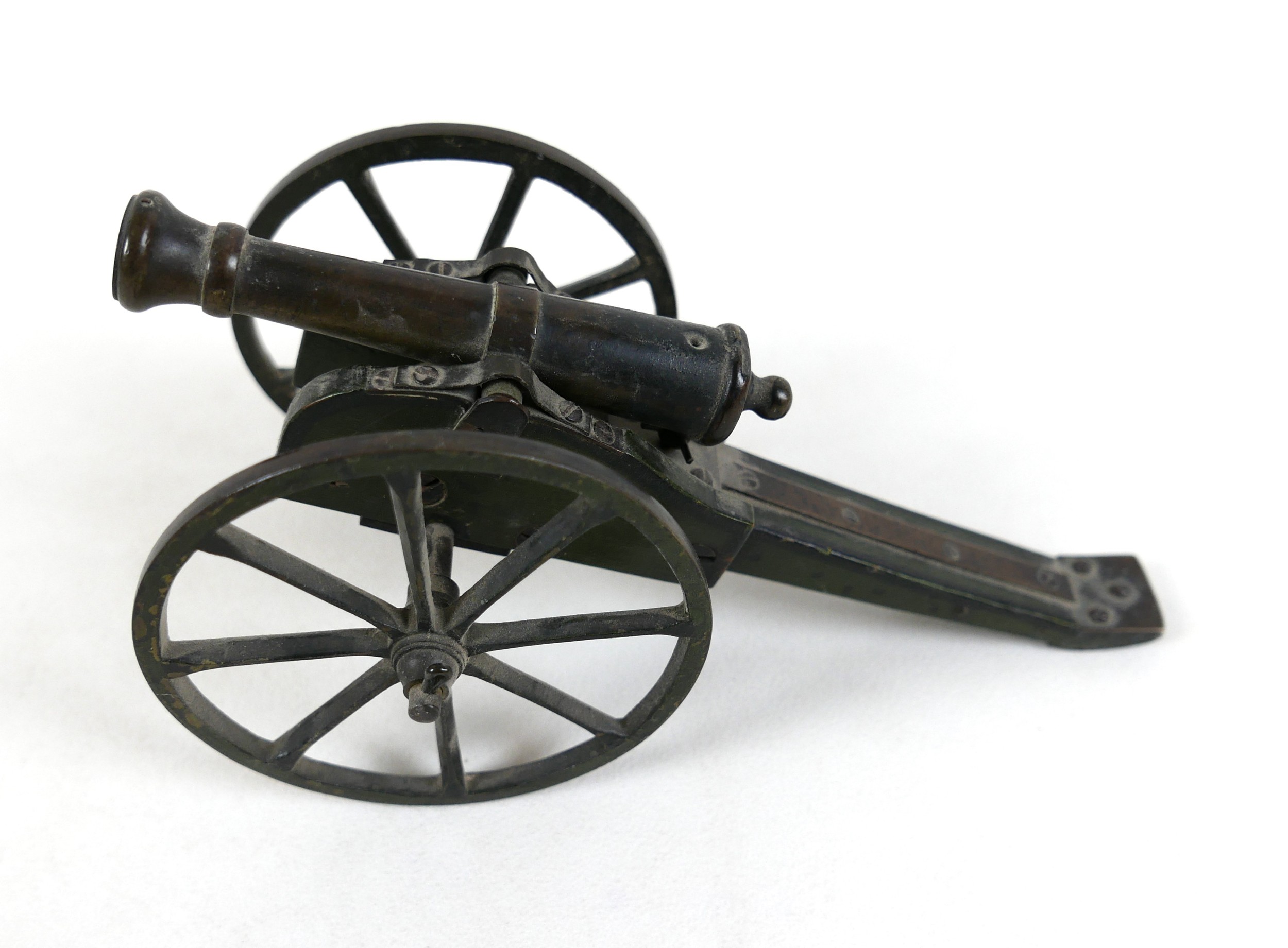 A miniature bronze canon, probably French 19th century, on wooden carriage with cast metal wheels, - Image 5 of 12