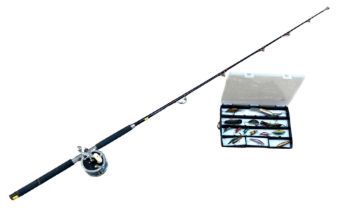 A Daiwa Cruiser deluxe Mill 30lb sea rod with fifteen assorted lures.