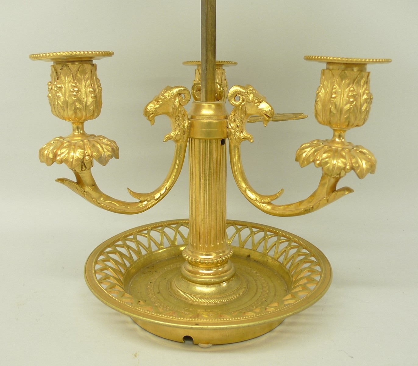 An early 20th century French ormolu bouillotte lamp, the three branches with rams head terminals - Image 15 of 22