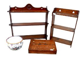 A group of five collectable items, including an oak cutlery tray, two oak sets of hanging shelves, a