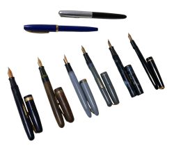 Eight fountain pens, six with 14ct gold nibs, including Waterman, Parker, Swan, Sheaffer. (1 bag)