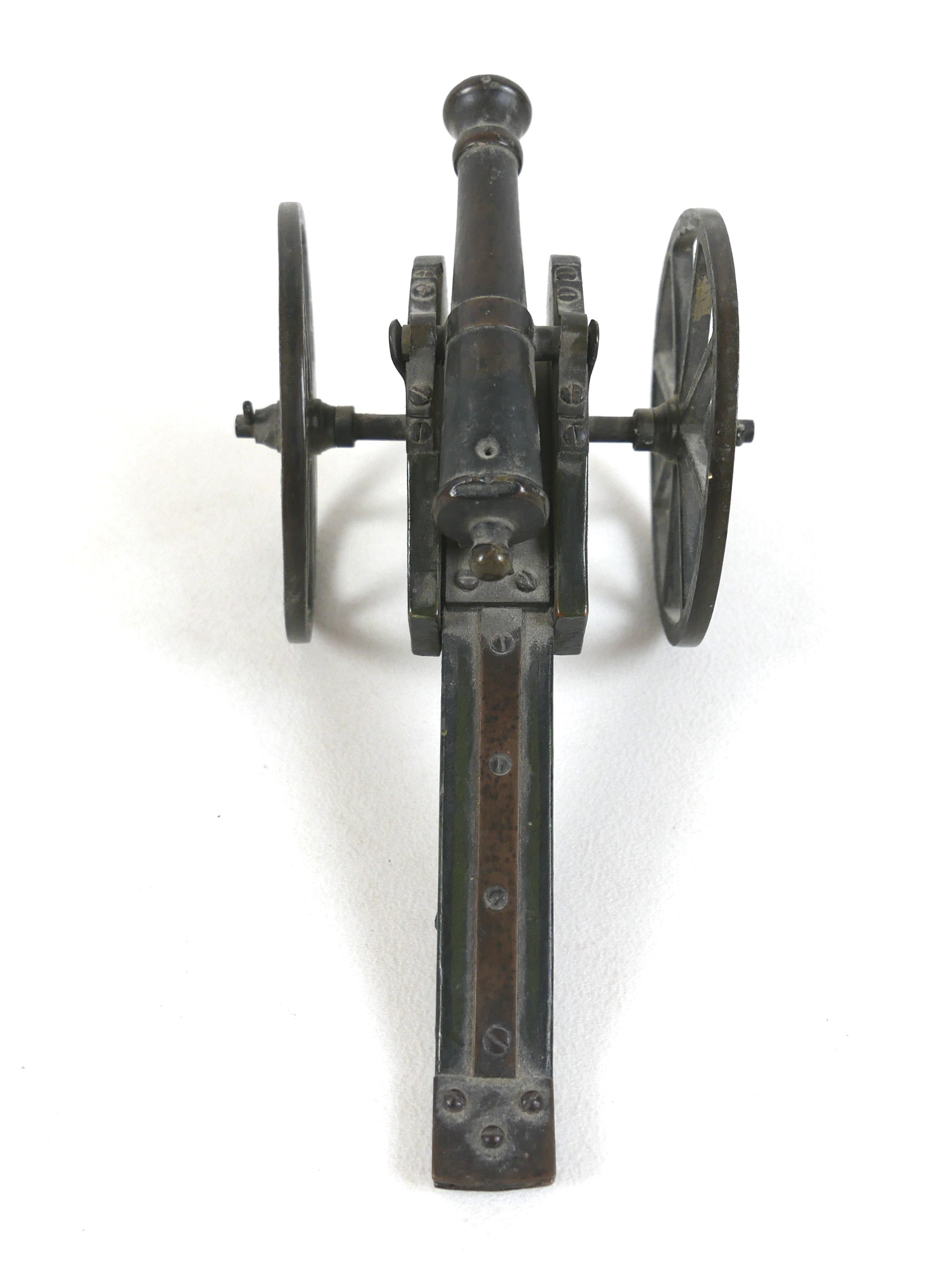 A miniature bronze canon, probably French 19th century, on wooden carriage with cast metal wheels, - Image 2 of 12