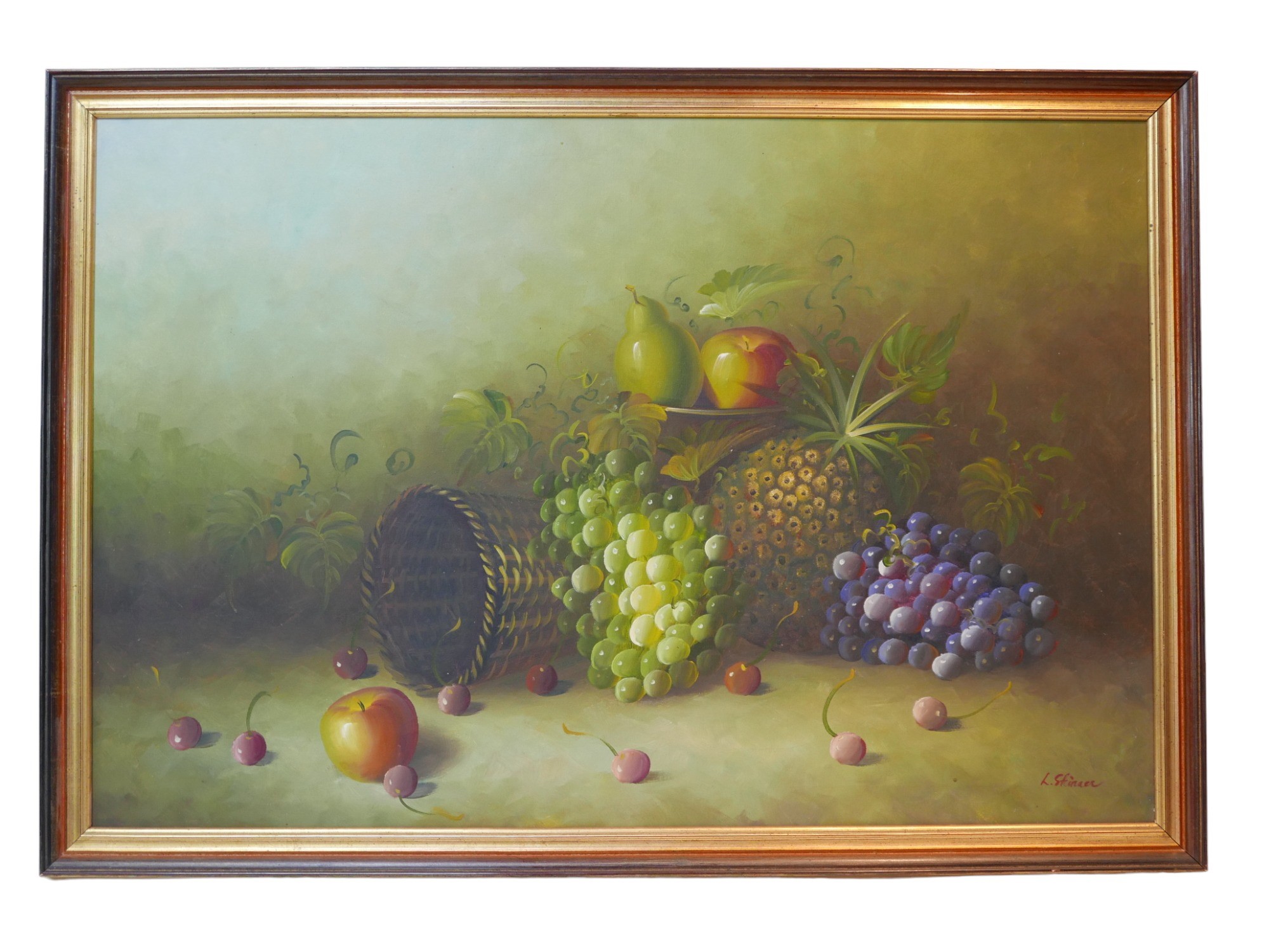 L. Skinner (20th century): still life with fruit and basket oil on canvas, signed, 60 by 90cm, - Image 2 of 7