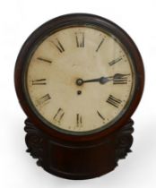 An early 19th century mahogany drop dial wall clock with a fusee movement, a painted 12 inch dial,