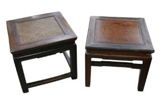 Two Chinese hardwood side tables, one table has a rattan top, 50 by 50 by 44cm, 51 by 51 by 46cm. (