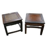 Two Chinese hardwood side tables, one table has a rattan top, 50 by 50 by 44cm, 51 by 51 by 46cm. (